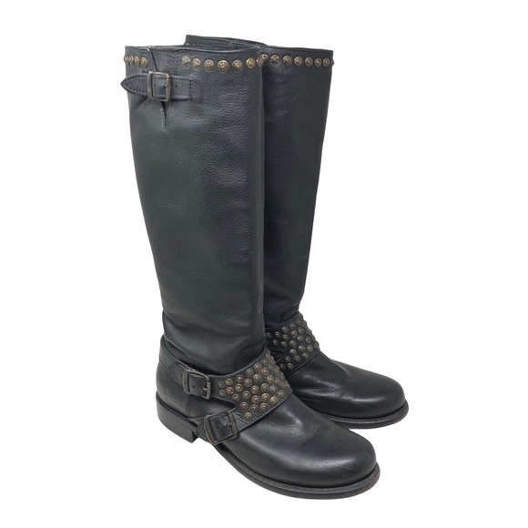 Frye Shoes - Frye Womens 10 Jenna Studded Harness Tall Boots Black Leather Buckle Moto